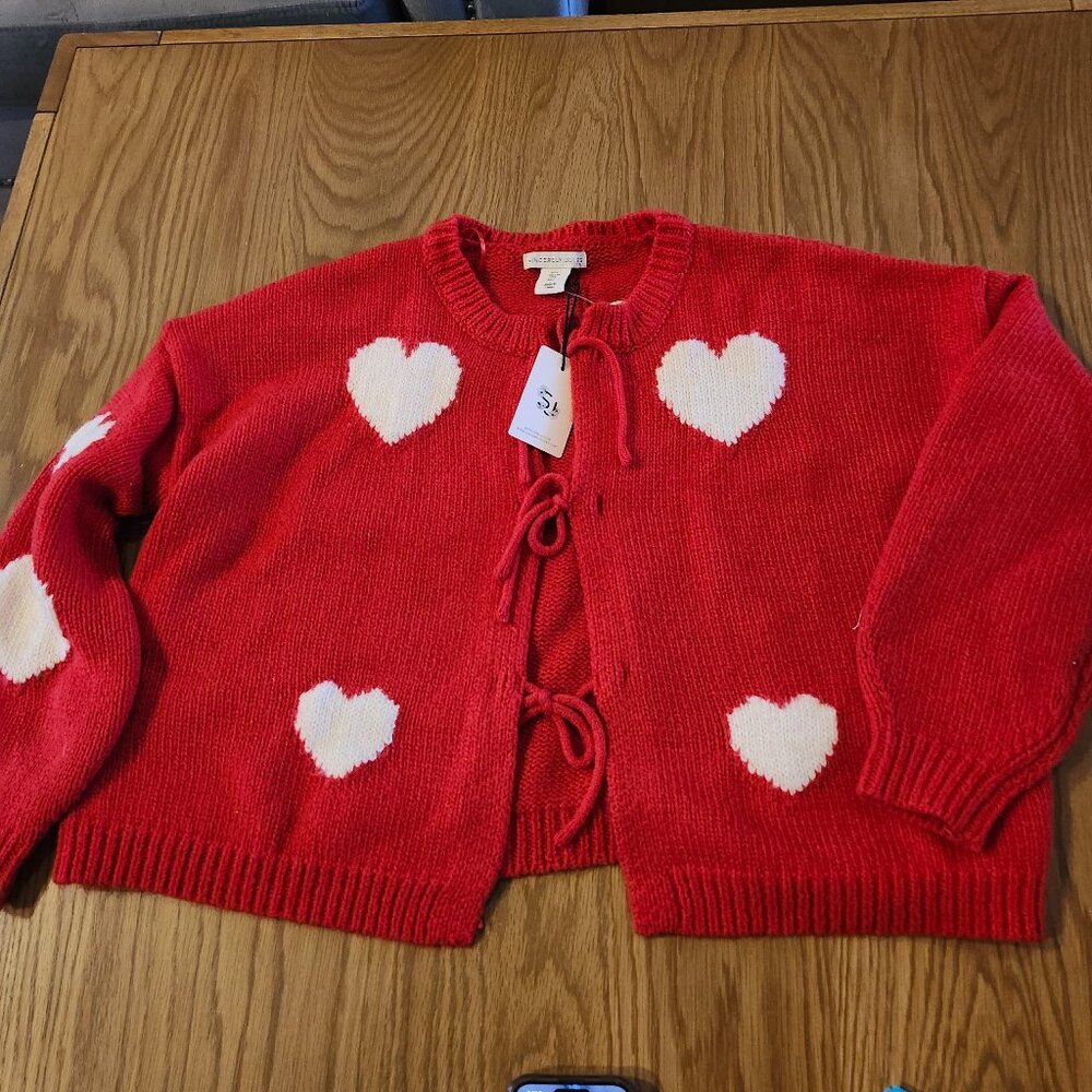 NWT Sincerely Jules Women Knit Cardigan Red Heart Print Tie Front – Size L - Picture 2 of 11